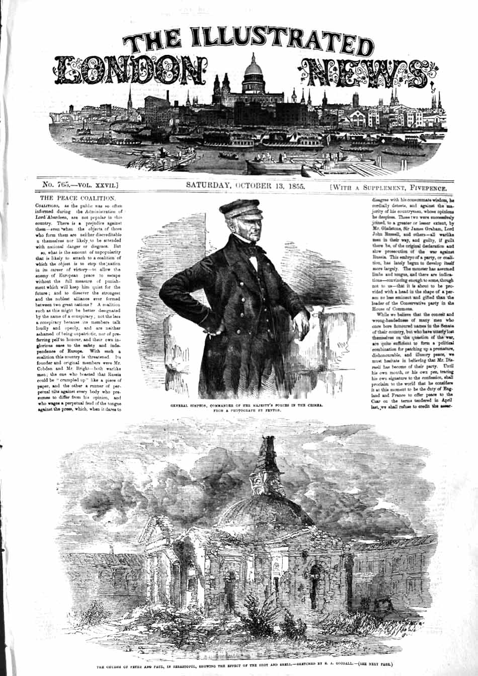 Old Antique Print 1855 General Simpson Church Peter Paul Sebastopol War 19th