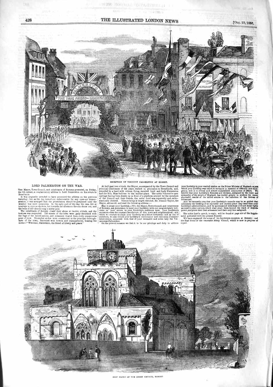 Antique Print *3194 1855 Reception Viscount Palmerston Romsey Abbey Church
