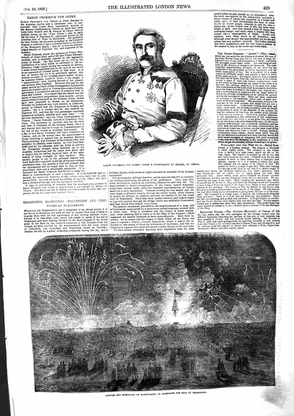 Original Old Antique Print 1855 Baron Prokesch Von Osten Fireworks Blackheath