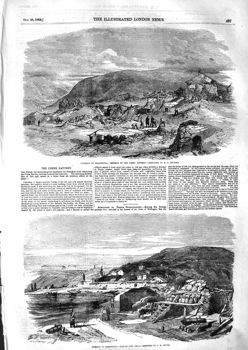 Original Old Antique Print 1855 Sebastopol Creek Battery War Siers Mountains