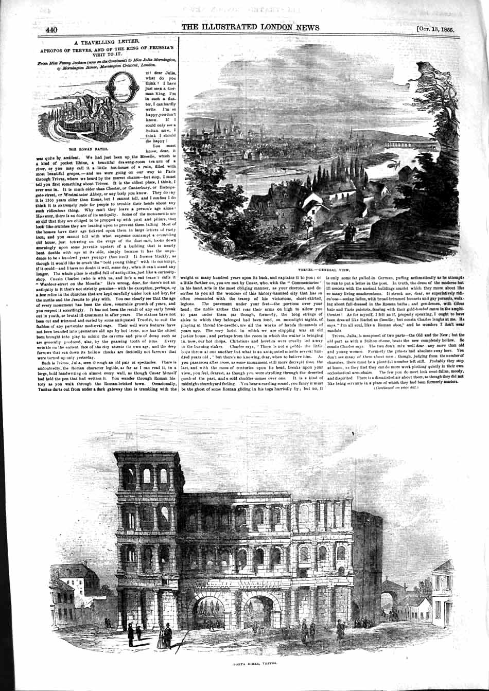Old Antique Print 1855 View Treves Roman Baths Porta Nigra Architecture 19th