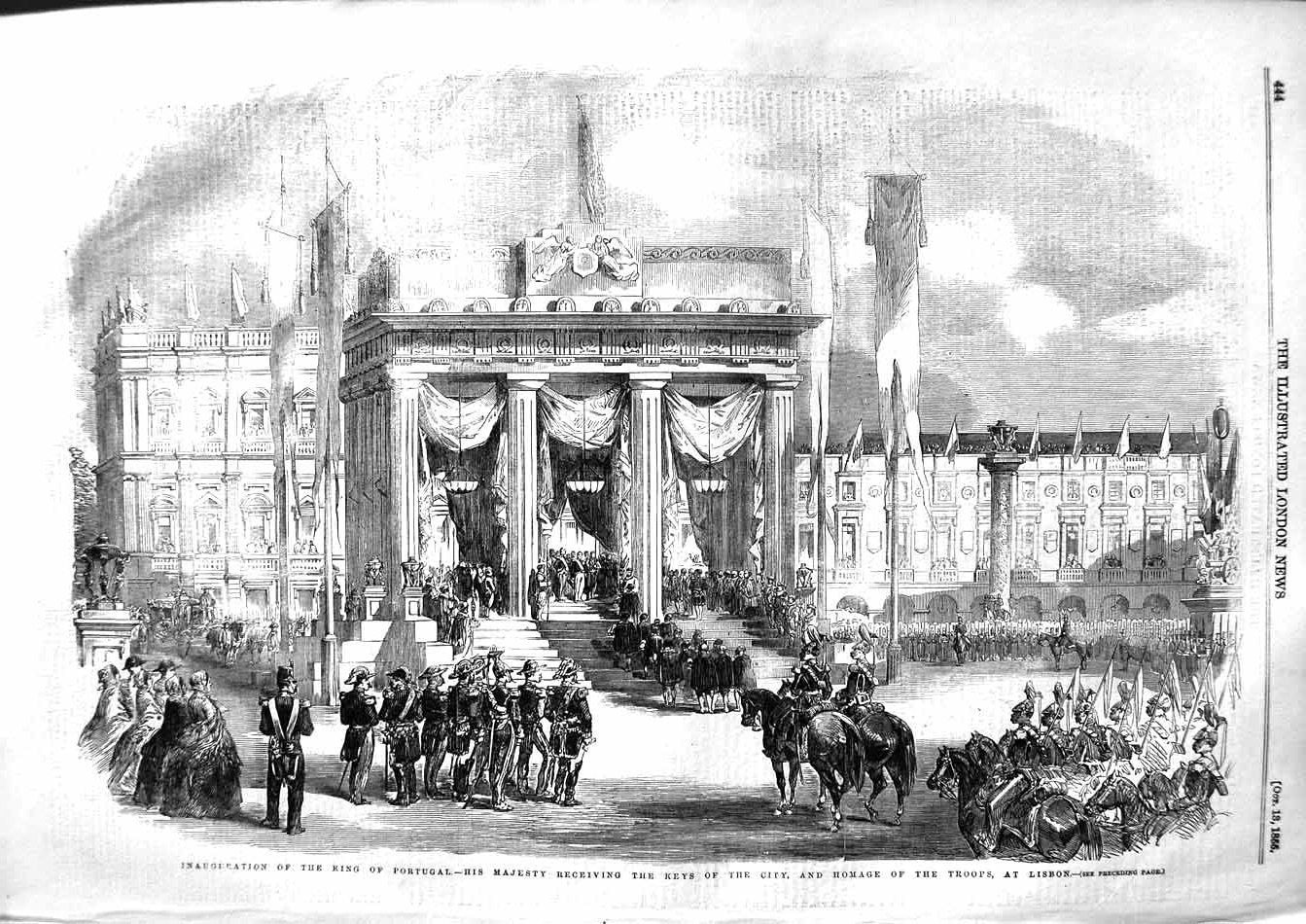 Original Old Antique Print 1855 King Portugal Keys City Siers Lisbon Horses