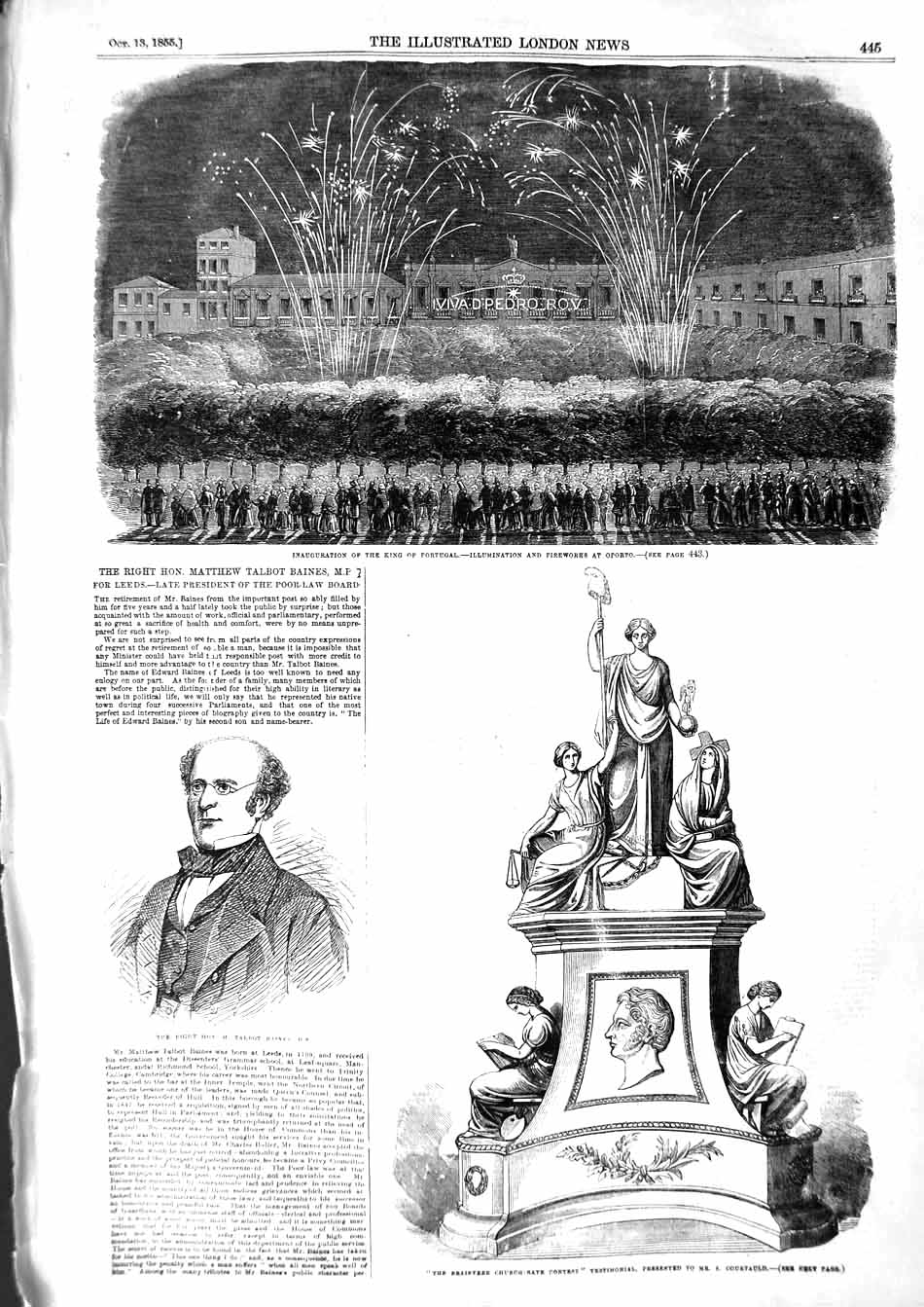 Original Old Antique Print 1855 King Portugal Fireworks Oporto Baines Braintree