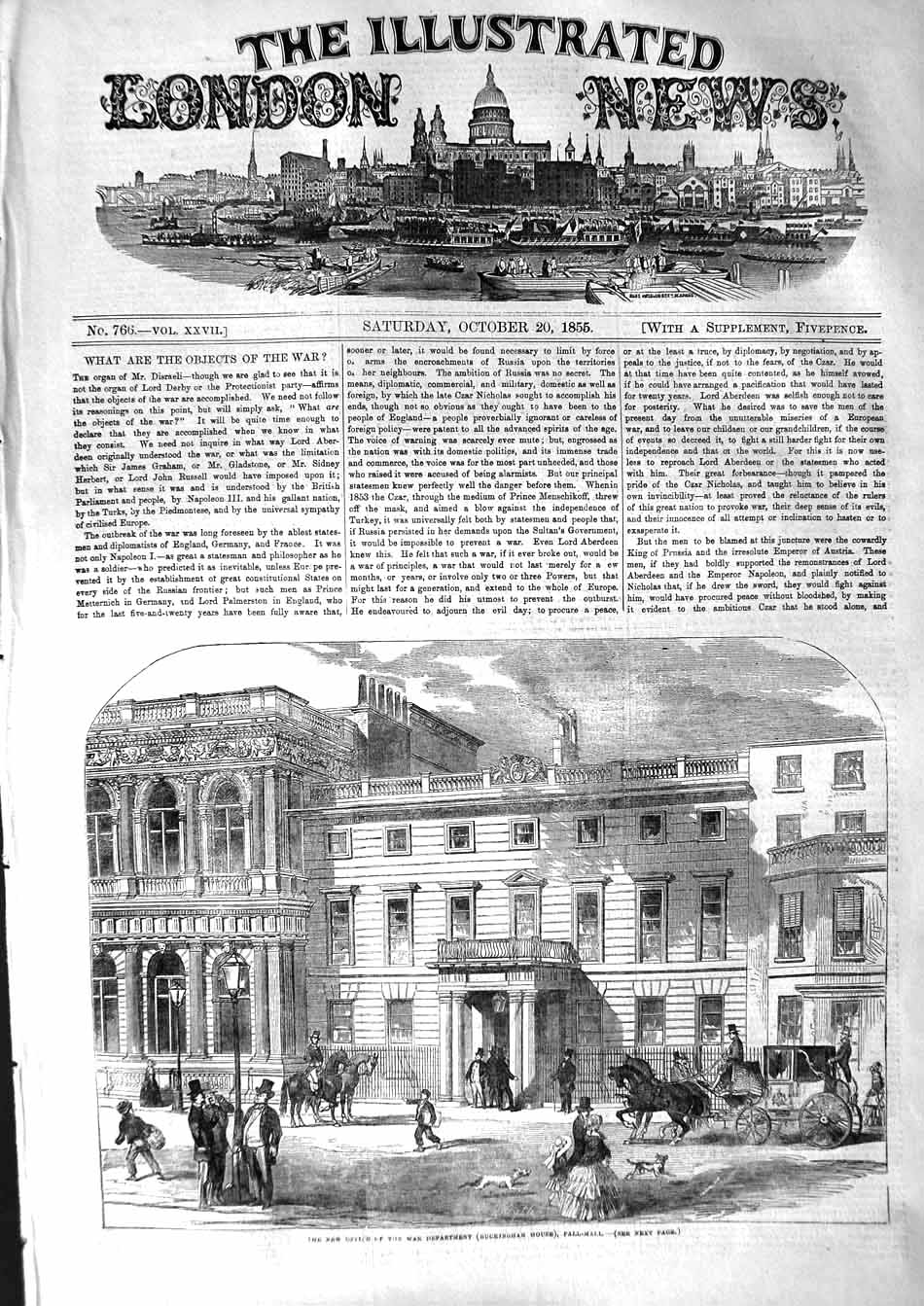 Old Antique Print 1855 Office War Department Buckingham House Pall-Mall 19th