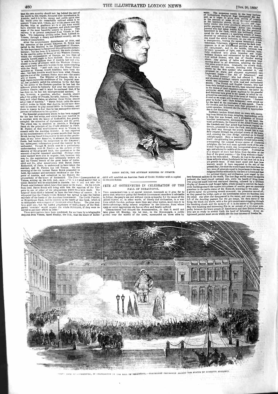 Original Old Antique Print 1855 Baron Bruck Austrian Minister France Got 19th