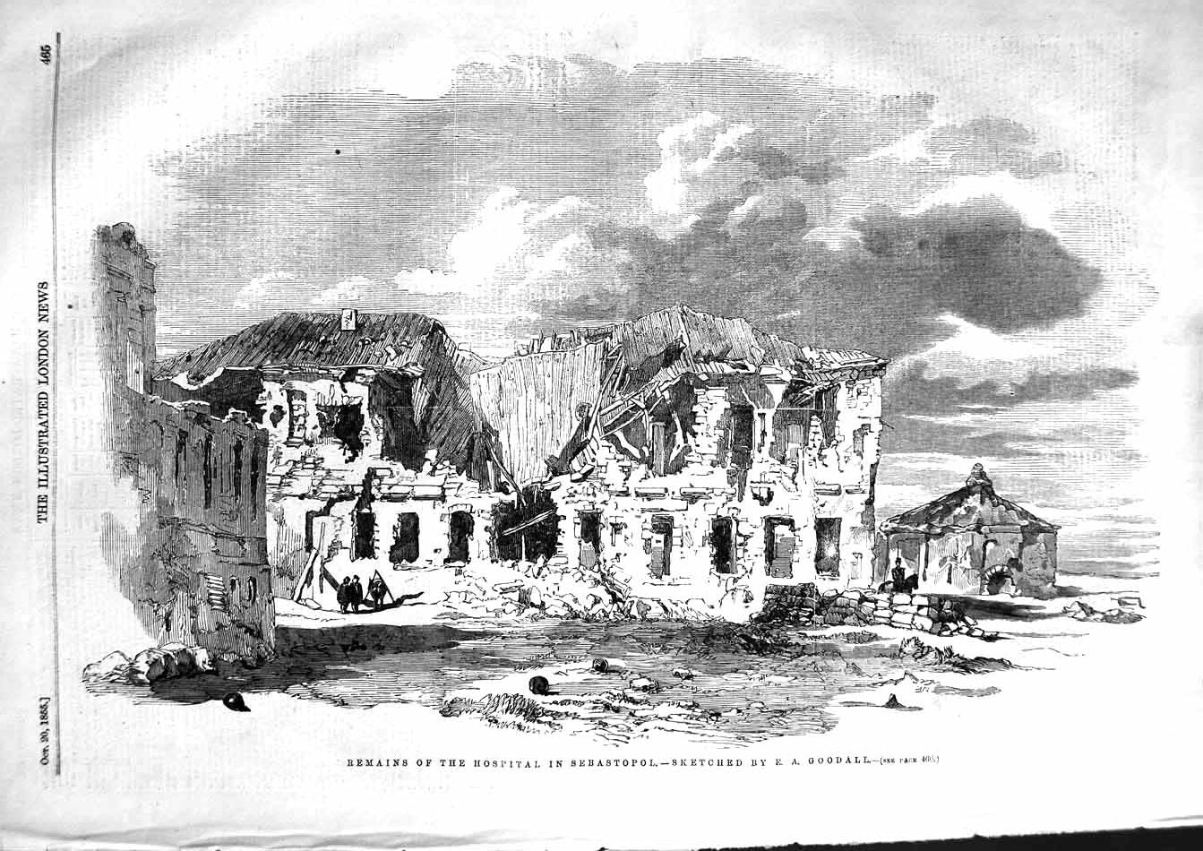 Original Old Antique Print 1855 Remains Hospital Sebastopol Buildings Ruins