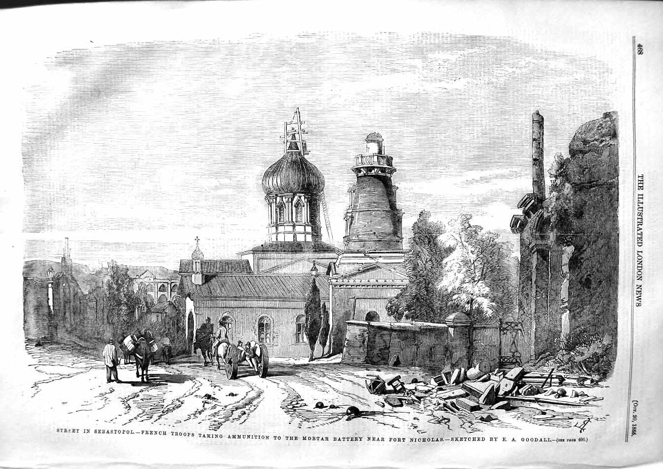 Original Old Antique Print 1855 Sebastopol French Troops Mortar Fort Nicholas