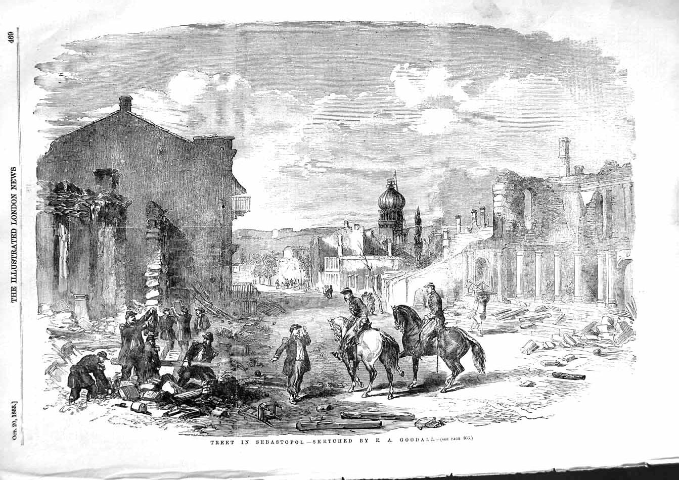 Original Old Antique Print 1855 Street Scene Sebastopol Siers Horses Goodall