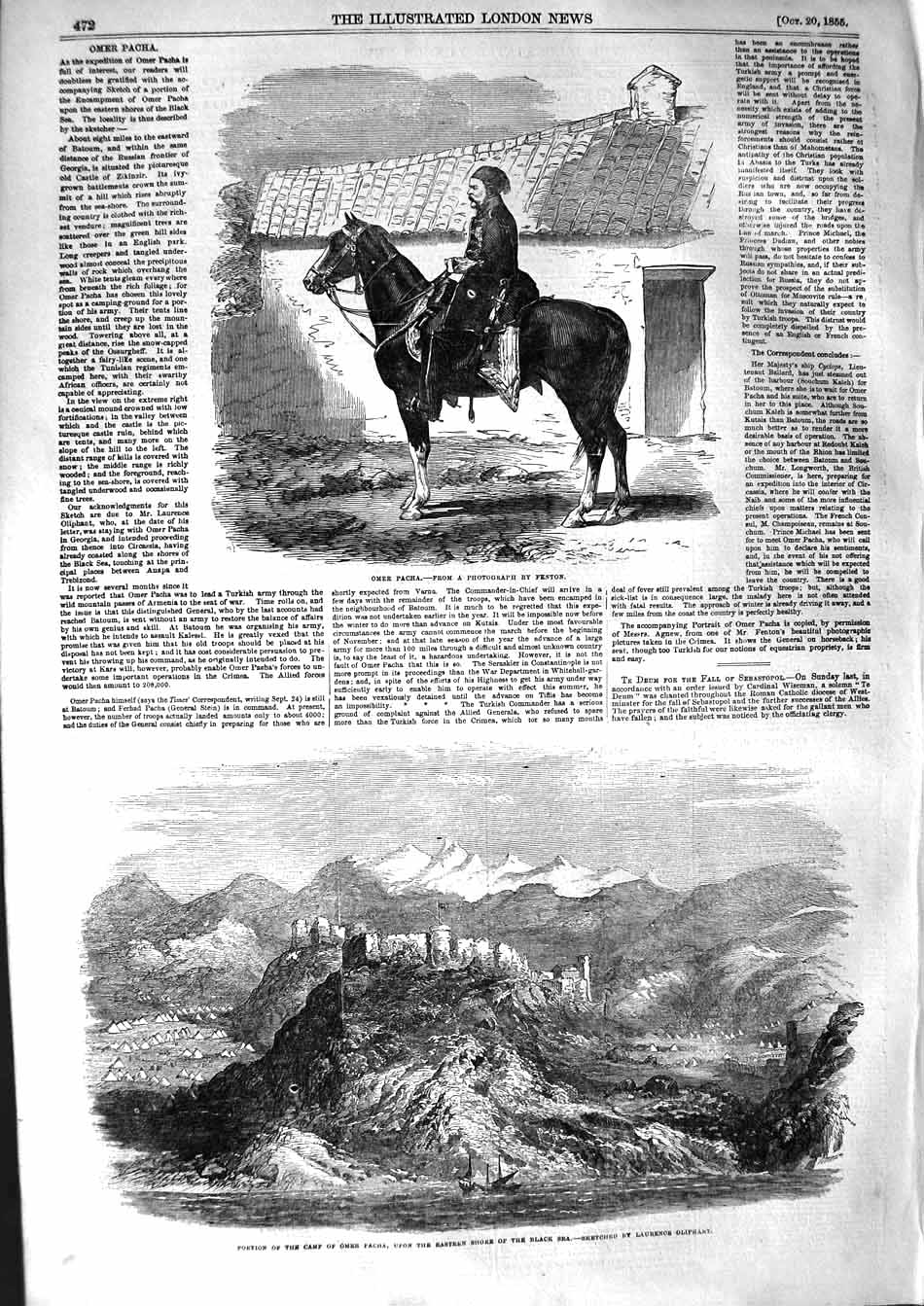Original Old Antique Print 1855 Omer Pacha Camp Black Sea Mountains Wa Victorian