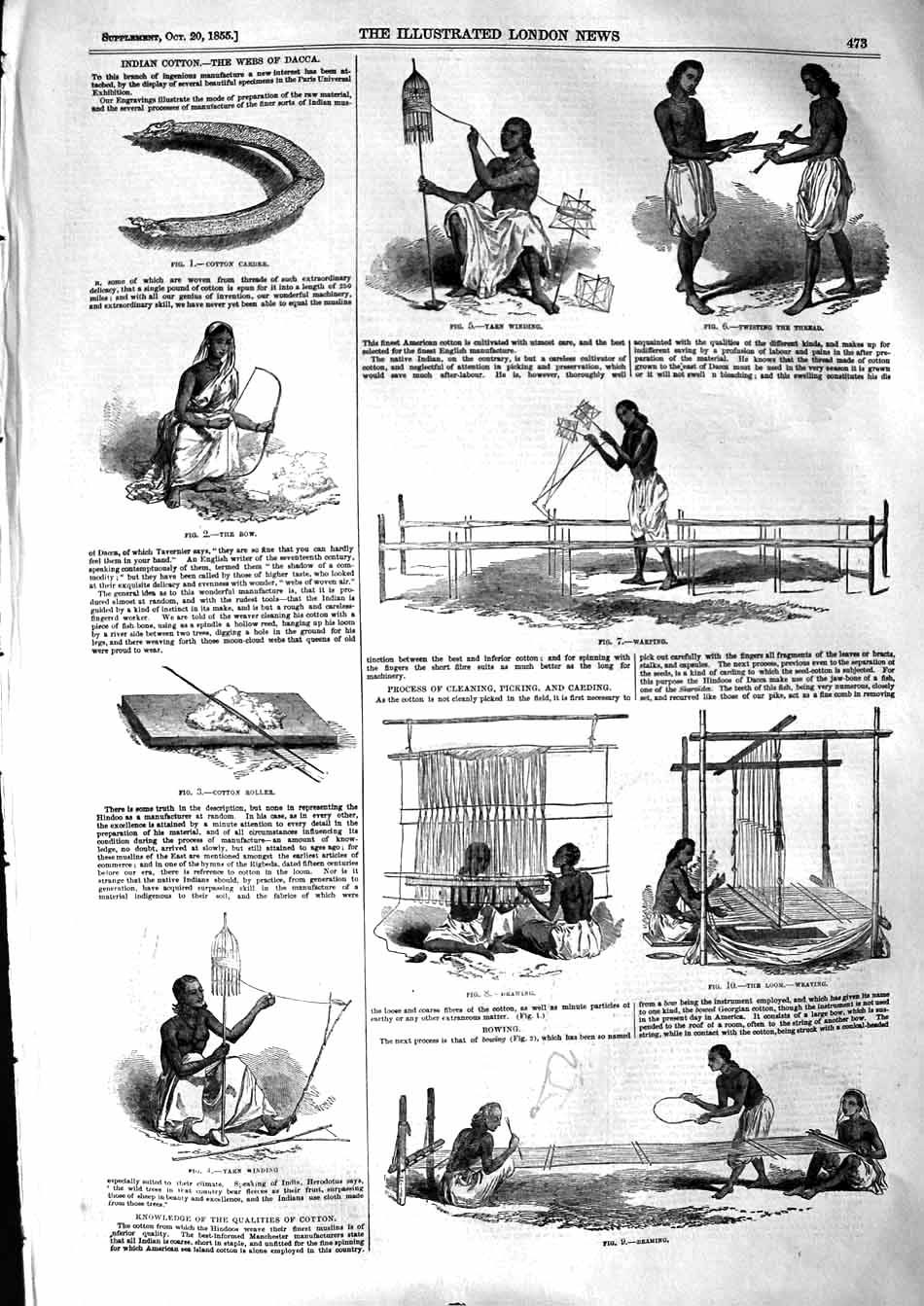 Original Old Antique Print 1855 Indian Cotton Dacca Thread Yarn 19th