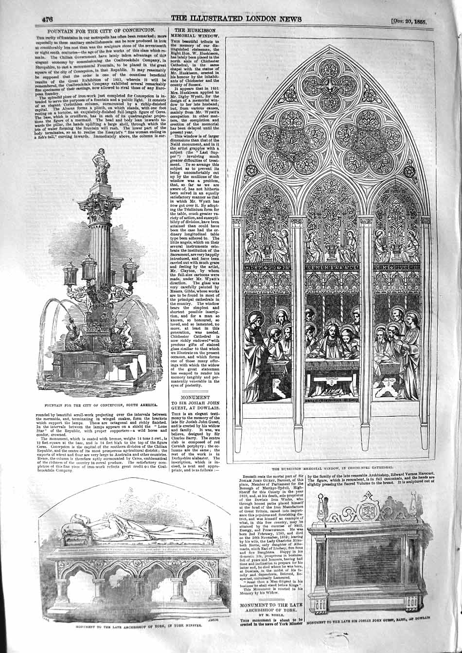 Old Antique Print 1855 Huskisson Window Chichester Cathedral York Minster 19th