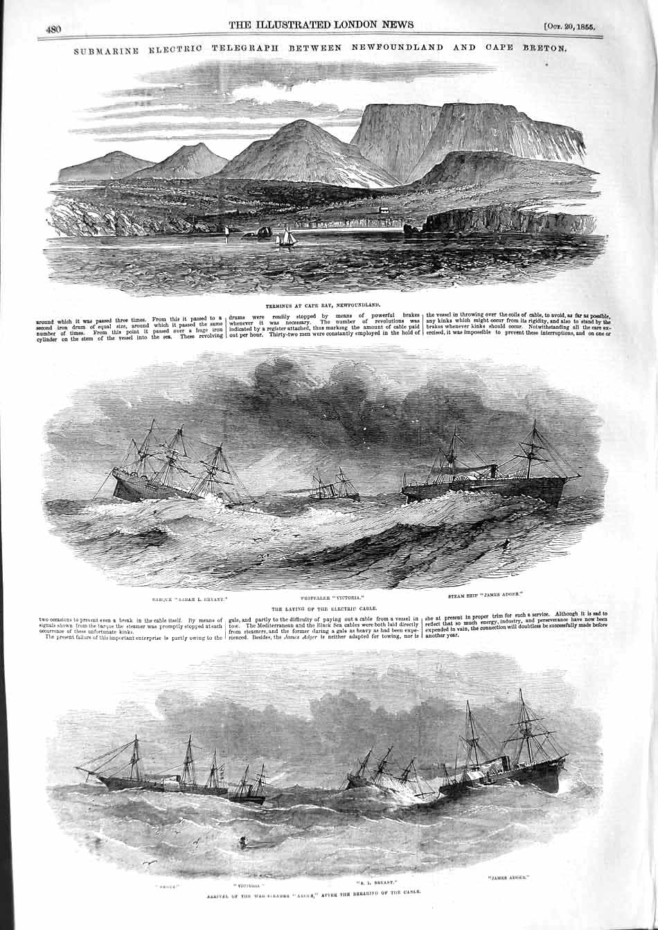 Original Old Antique Print 1855 Submarine Telegraph Newfoundland Ships Victoria