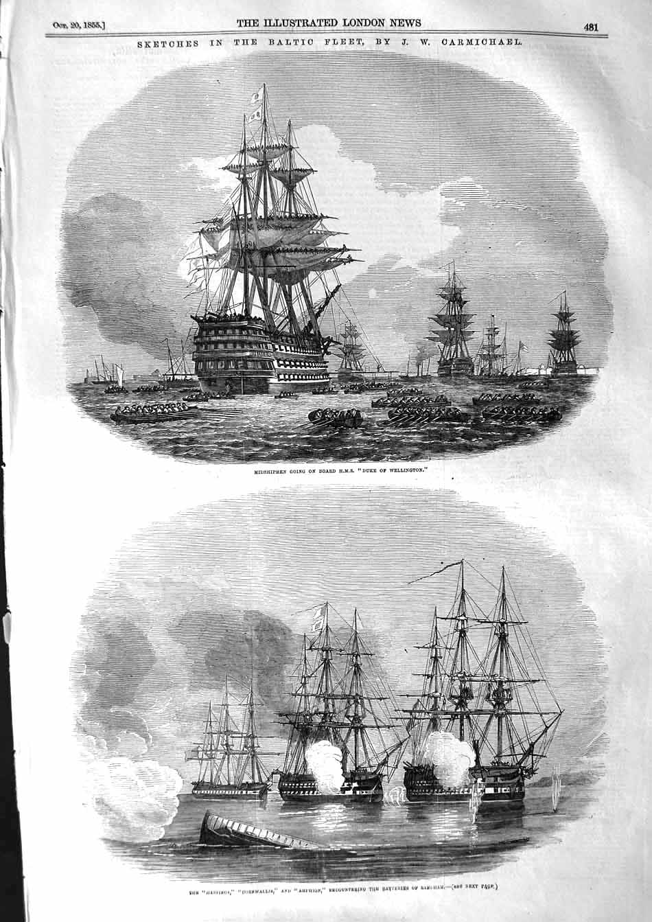 Original Old Antique Print 1855 Baltic Ships Duke Wellington Cornwallis Amphion