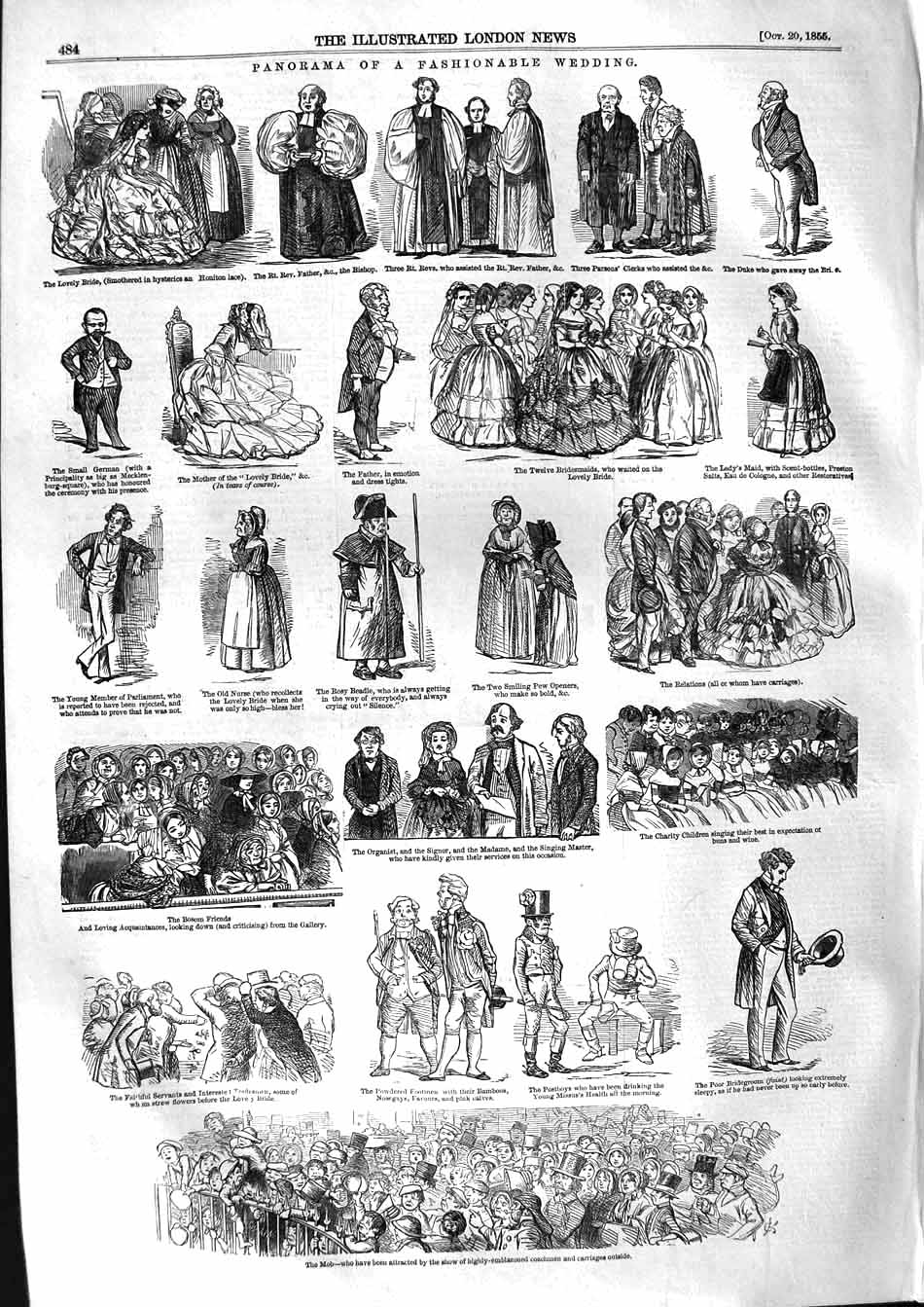 Original Old Antique Print 1855 Scene Fashionable Wedding Dresses Bridegroom