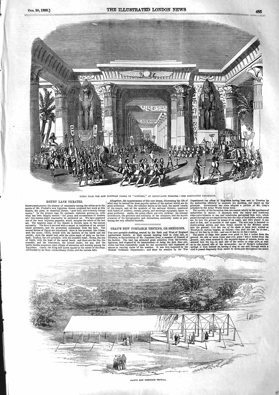 Old Antique Print 1855 Egyptian Nitocris Drury Theatre Gray Tent Conduit 19th