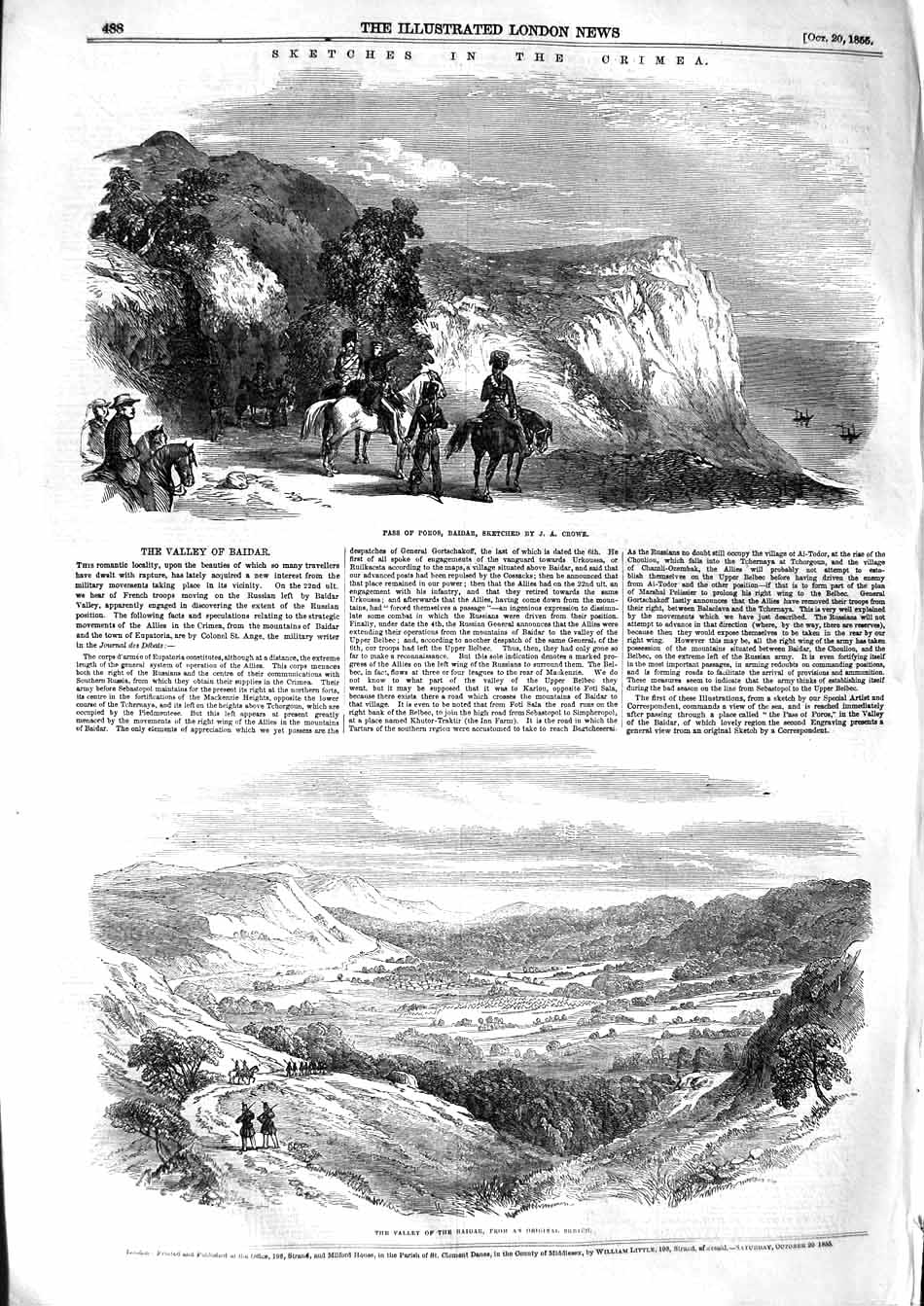 Original Old Antique Print 1855 Pass Poros Baidar Crimea War Mountains Siers
