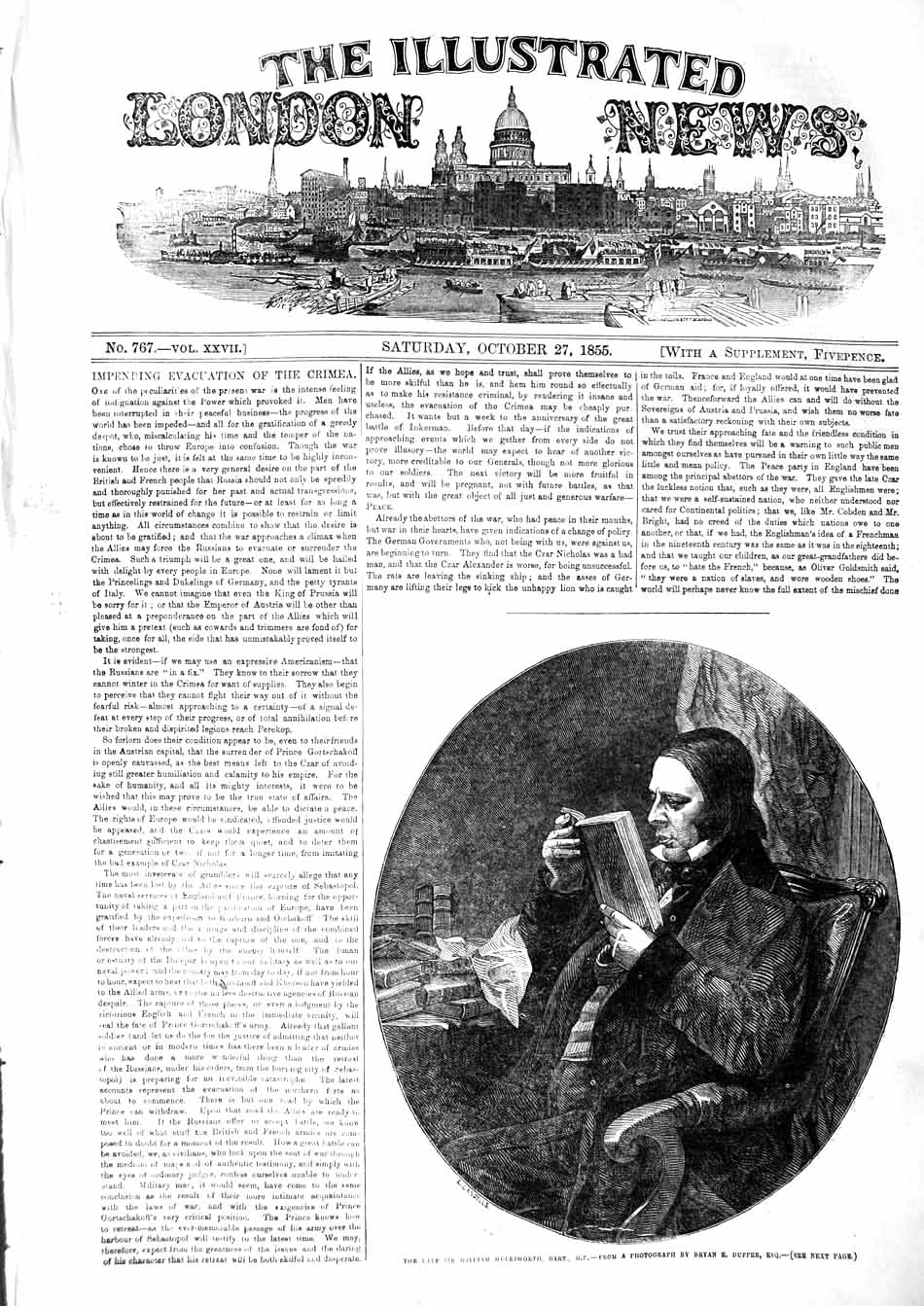 Original Old Antique Print 1855 Portrait Sir William Moleswor 19th