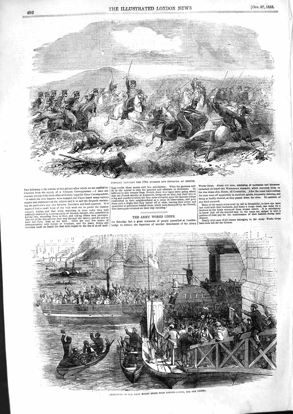Old Antique Print 1855 Conflict Hussars Cossacks Kertch London Bridge War 19th