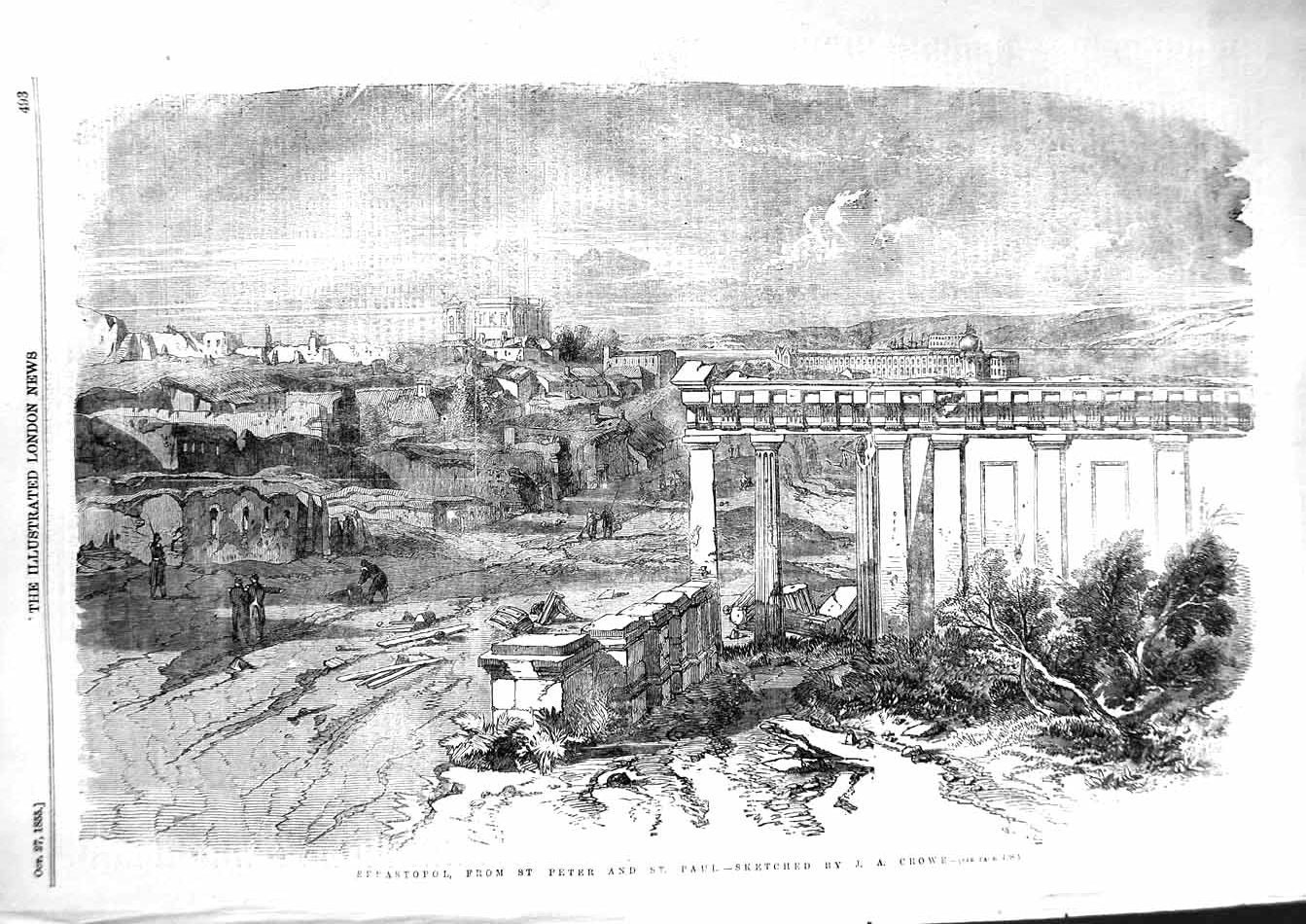Original Old Antique Print 1855 View Sebastopol St. Peter Paul Architecture