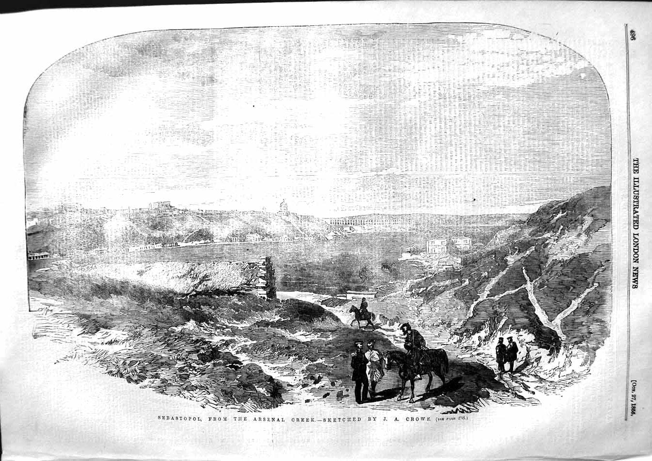 Original Old Antique Print 1855 View Sebastopol Arsenal Creek Siers Horses 19th