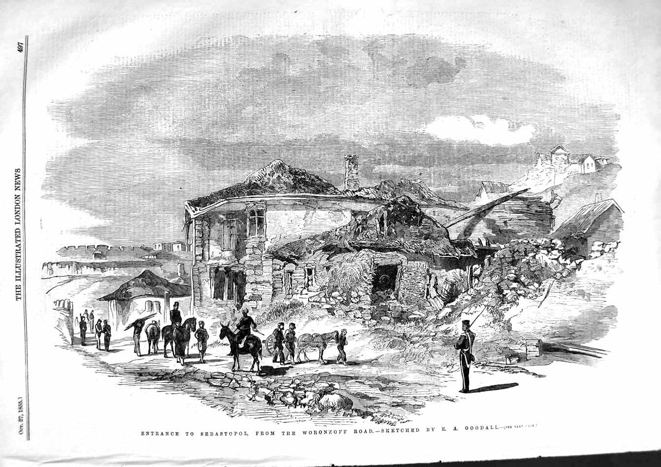 Original Old Antique Print 1855 Entrance Sebastopol Woronzoff People Horses