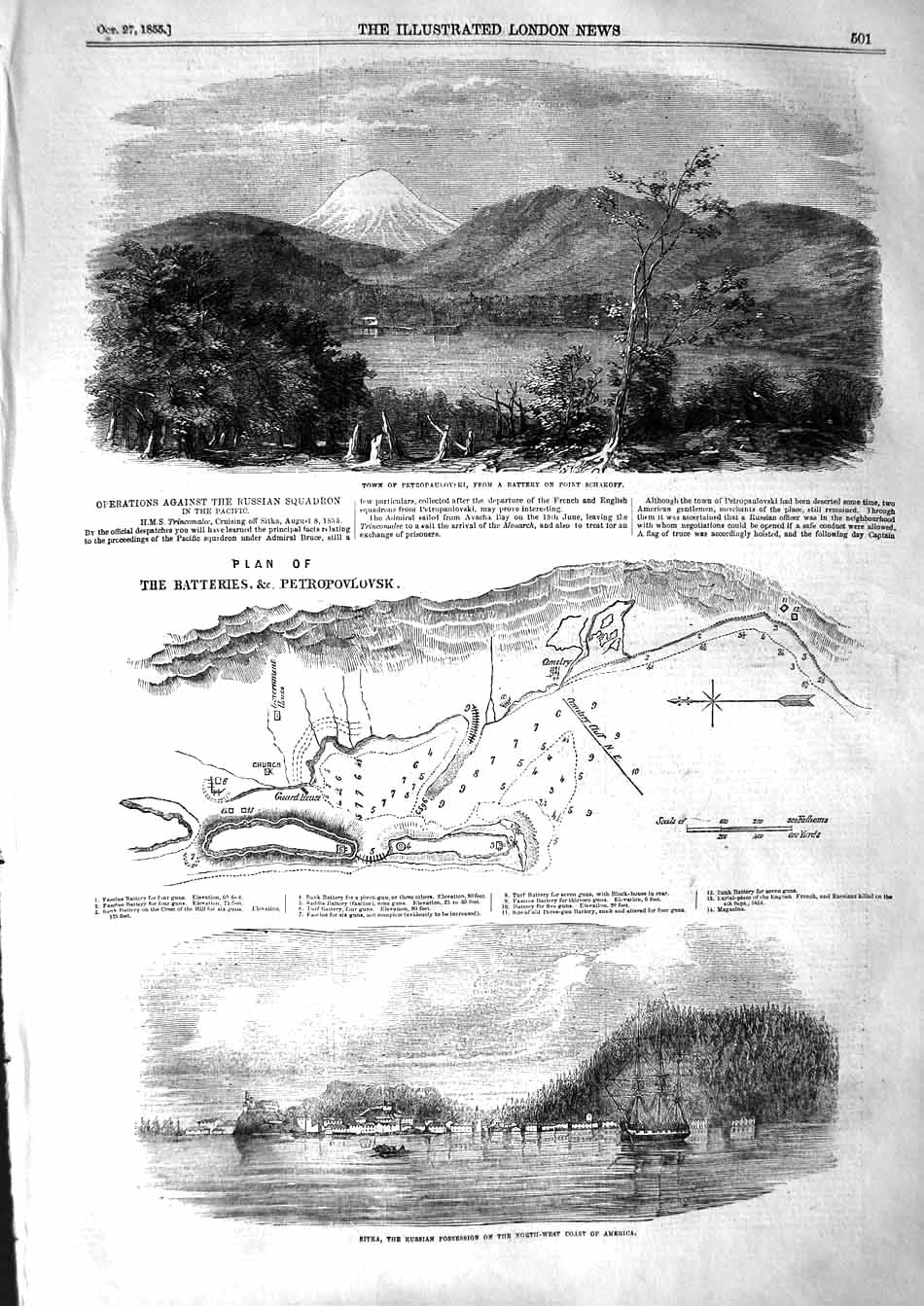Old Antique Print 1855 Town Petropaulovski Sitka Russian Ships Schakoff 19th