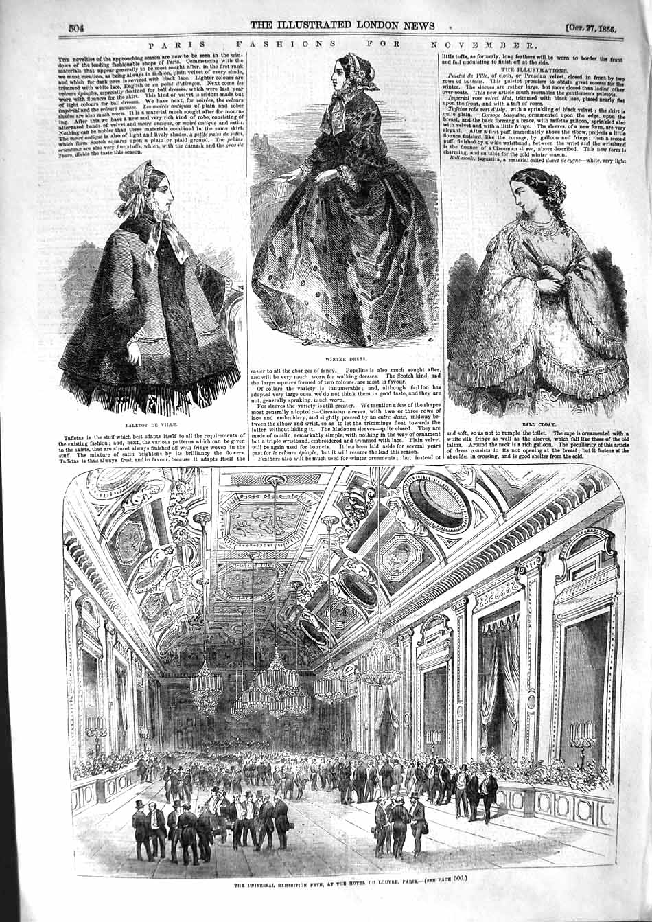 Original Old Antique Print 1855 Paris Fashion Winter Dress Hotel Louvre Paris