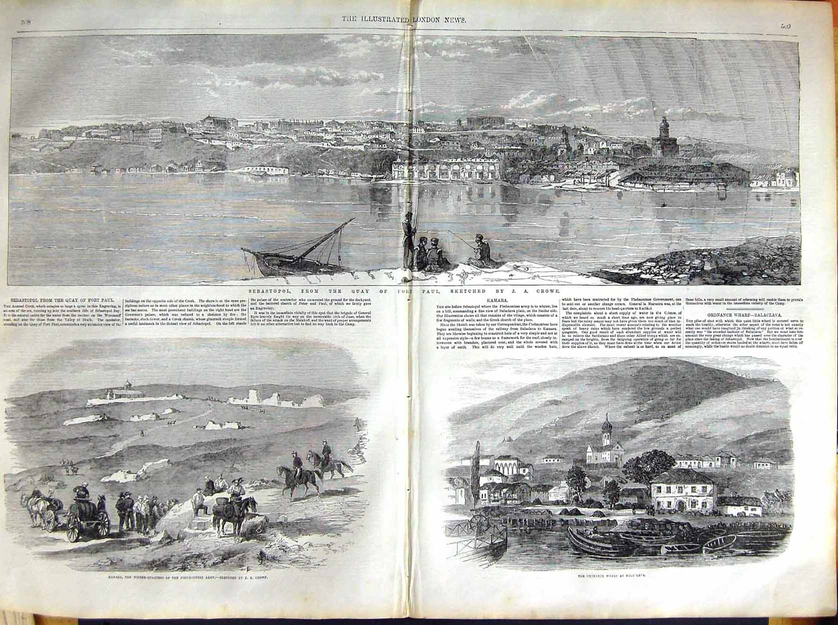 Original Old Antique Print 1855 Sebastopol Quay Fort Paul Balaclava Kamara