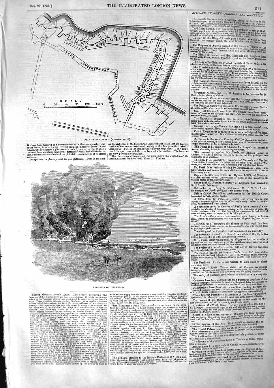 Original Old Antique Print 1855 Explosion Redan War Plan Inner Trenchment 19th