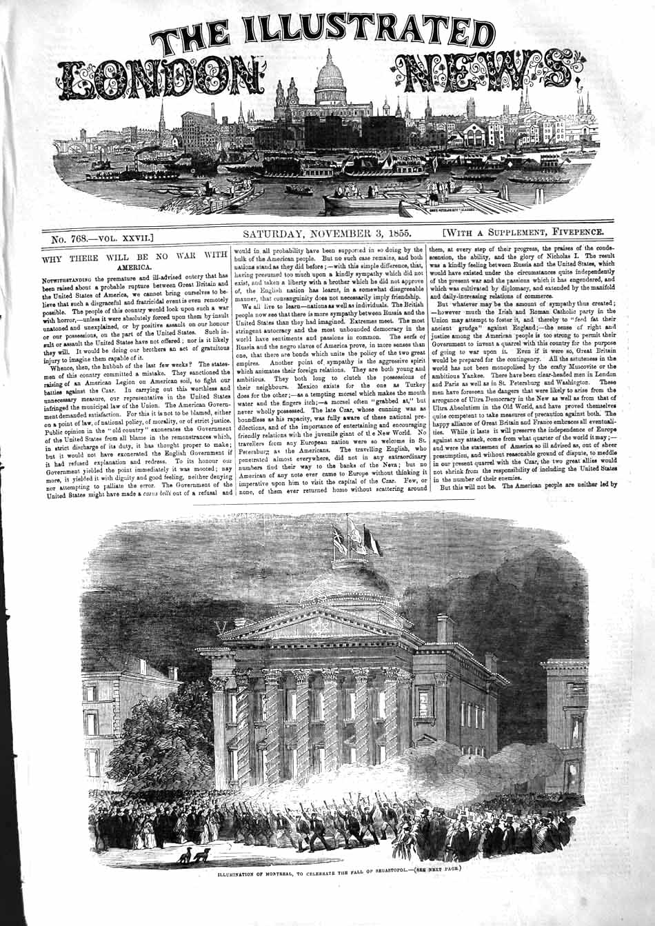 Original Old Antique Print 1855 Illuminations Montreal Fall Sebastopol War 19th