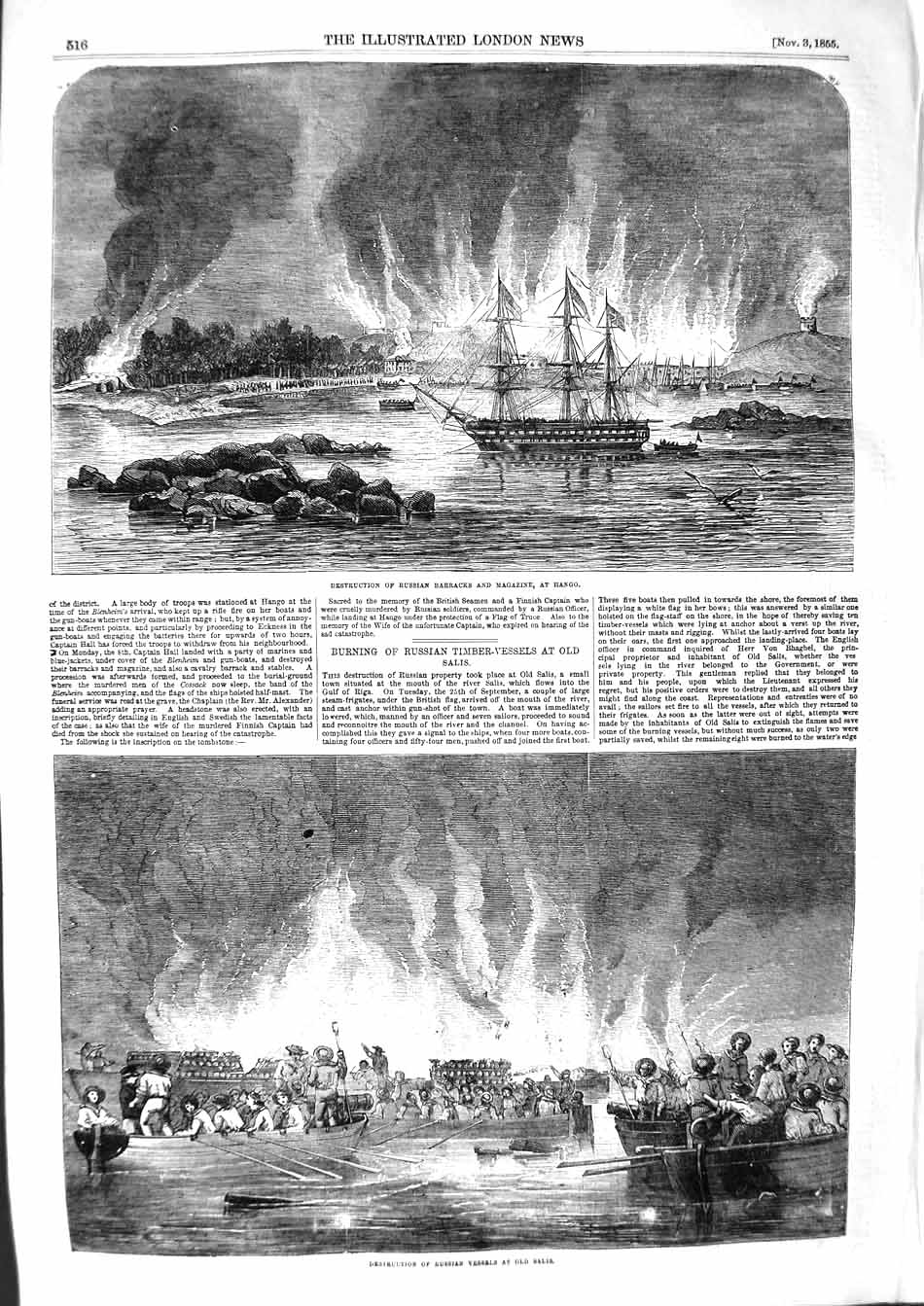 Original Old Antique Print 1855 Russian Barracks Magazine Hango Ships Salis