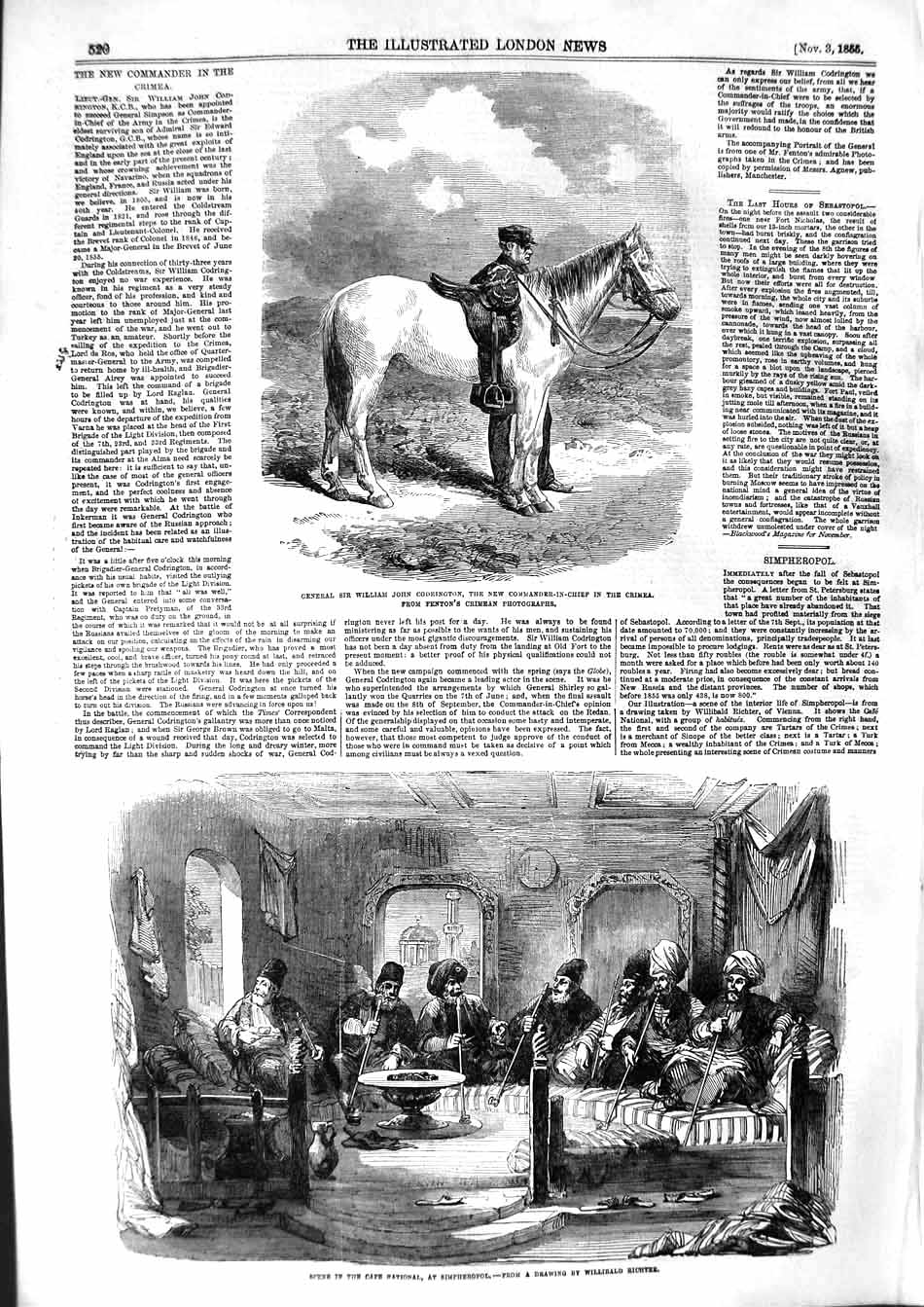 Old Antique Print 1855 General William Codrington Crimea Simpheropol War 19th