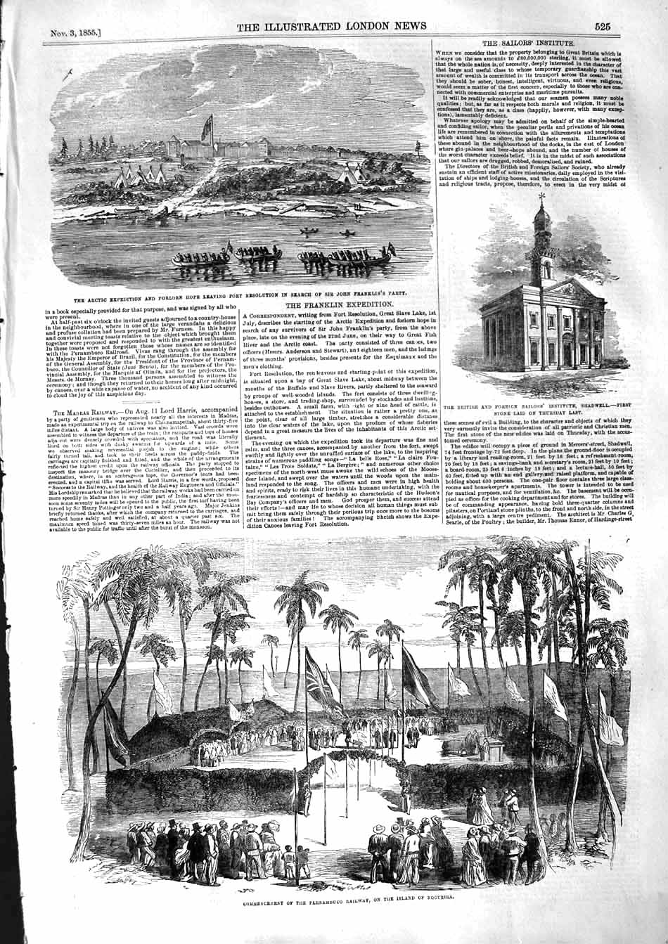 Original Old Antique Print 1855 Arctic John Franklin Pernambuco Railway N 19th