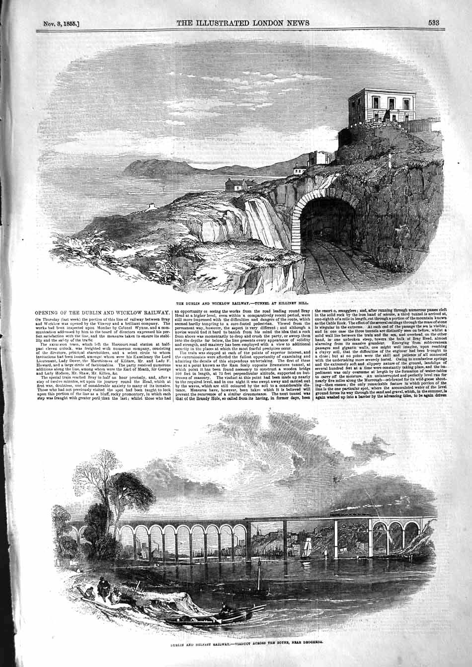 Original Old Antique Print 1855 Dublin Wicklow Railway Killiney Viaduct Boyne