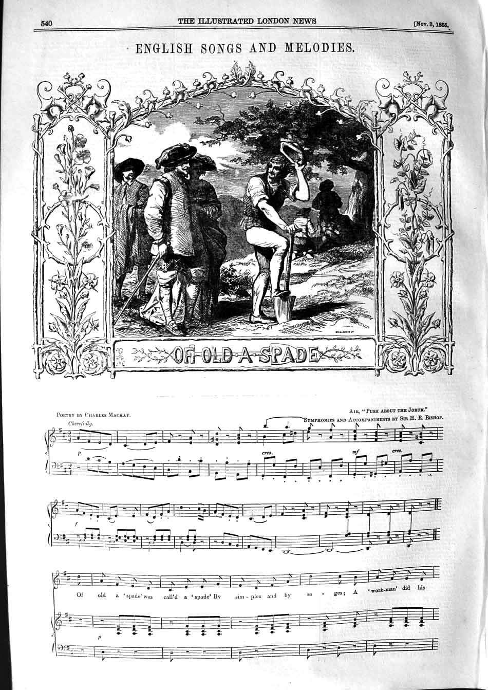 Original Old Antique Print 1855 English Songs Melodies Sheet Music A Spade 19th