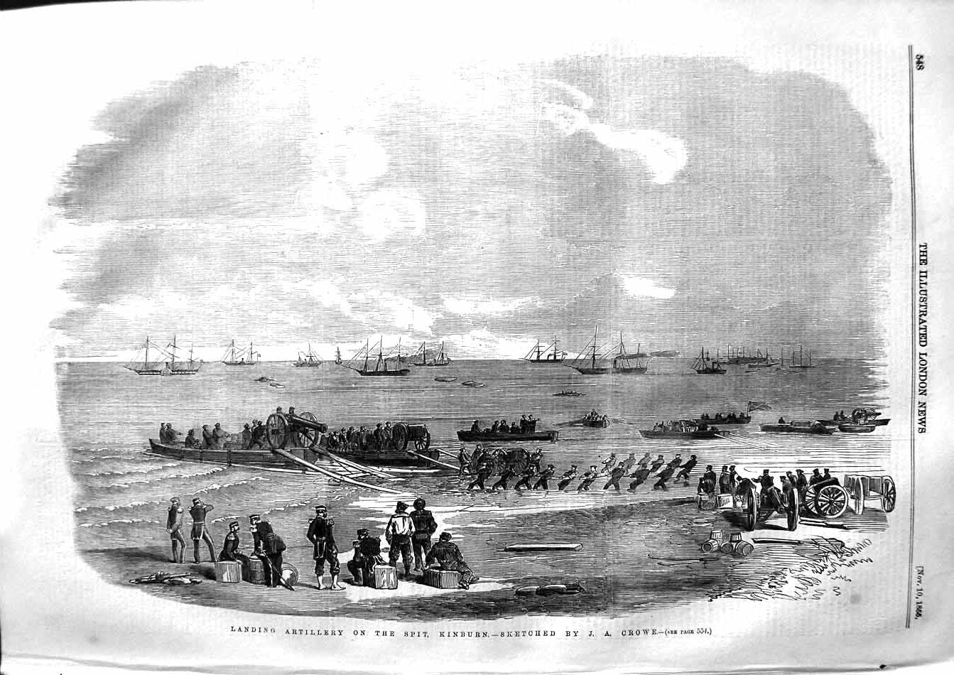 Original Old Antique Print 1855 Landing Artillery Spit Kinburn Ships Boats Sier