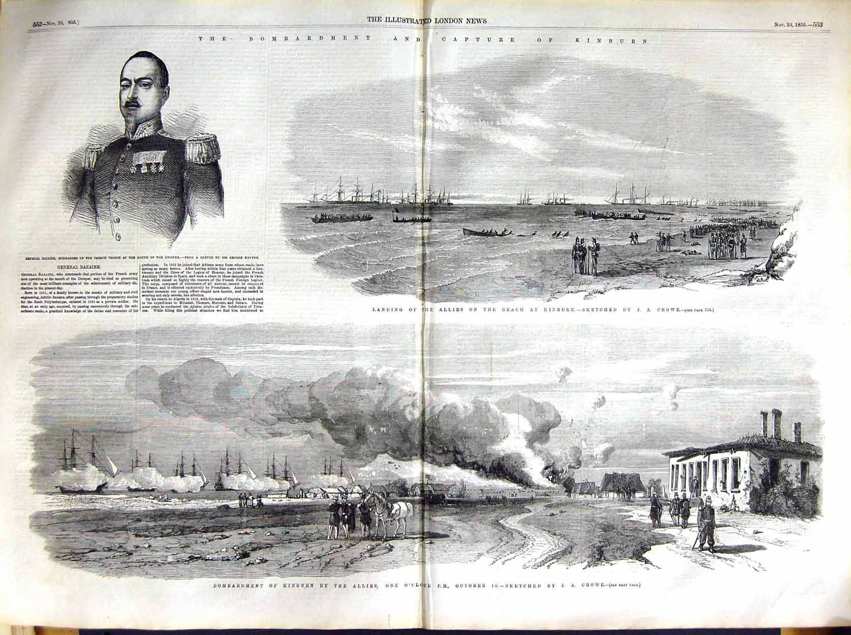 Original Old Antique Print 1855 Bombardment Kinburn General Bazaine War Siers