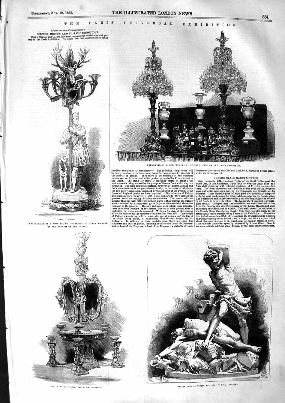 Original Old Antique Print 1855 French Glass Nave Paris Exhibition Candelabrum