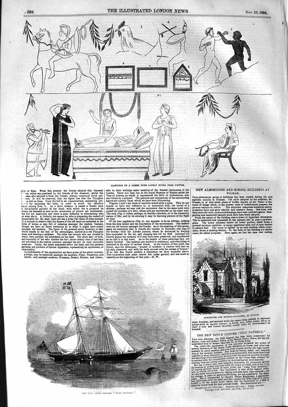 Old Antique Print 1855 Paintings Greek Tomb Paestum Wild Dayrell Fulham 19th