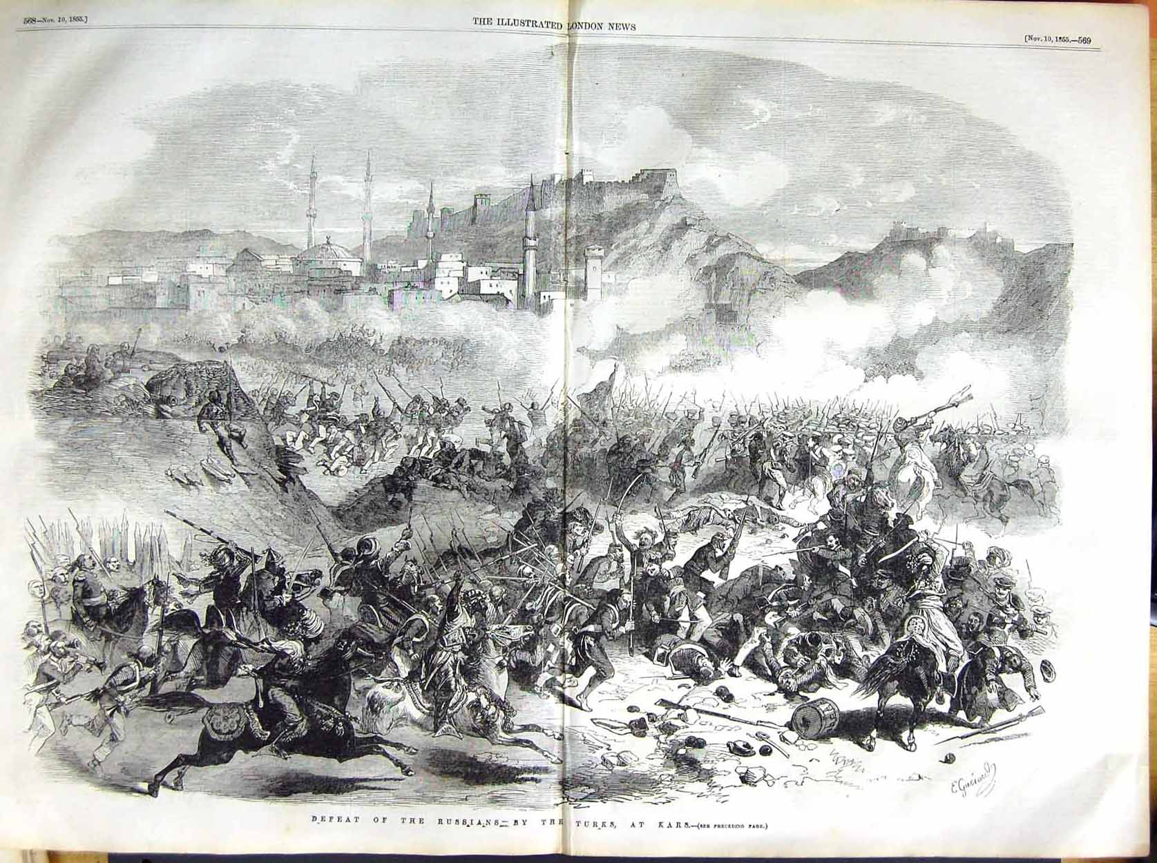 Original Old Antique Print 1855 War Defeat Russian Siers Turks Kars Battle
