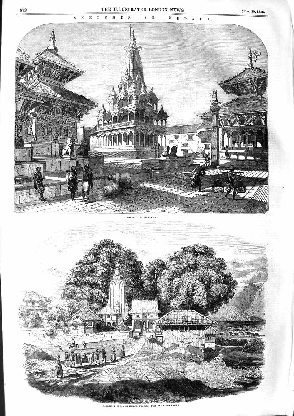 Original Old Antique Print 1855 Nepaul Temple Khrishna Jee Narrain Hithu Hindoo