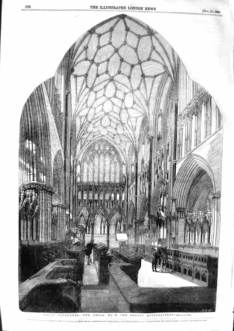 Original Old Antique Print 1855 Wells Cathedral Choir Archi 19th
