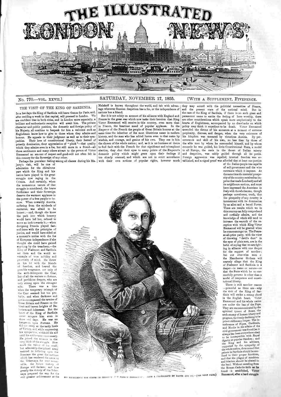 Original Old Antique Print 1855 Excellency Comte De Persigny French Ambassador
