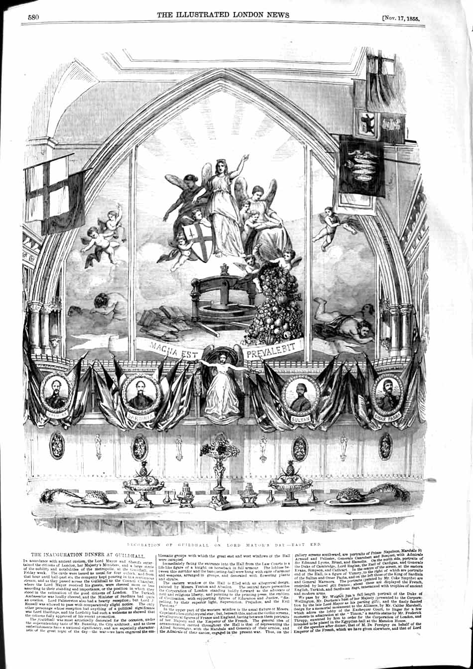 Original Old Antique Print 1855 Decoration Guildhall Lord Mayor'S Day East End