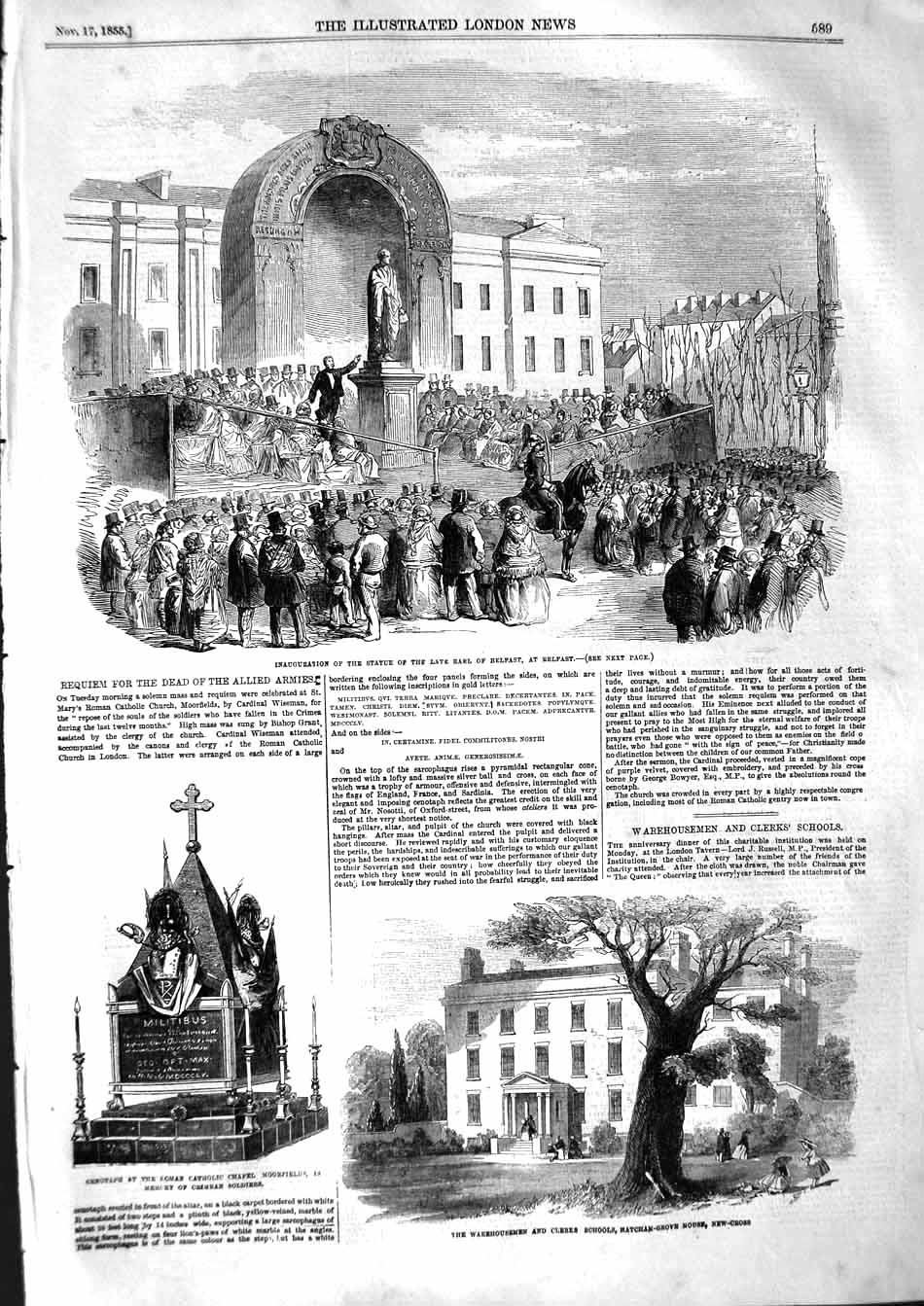 Old Antique Print 1855 Statue Earl Belfast Warehousemen School New-Cross 19th