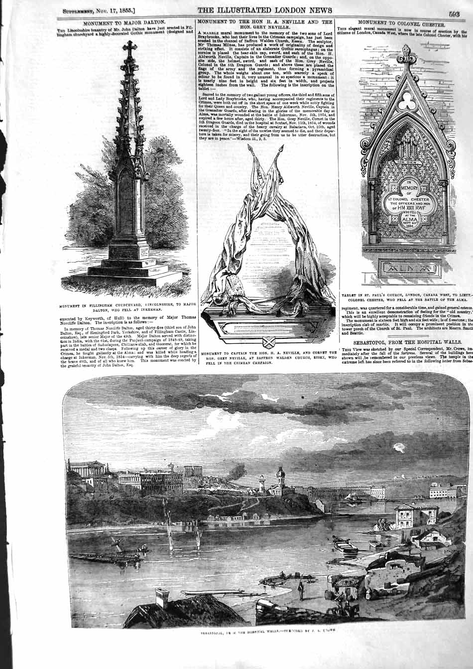 Old Antique Print 1855 View Sebastopol Fillingham Memorial Dalton Neville 19th