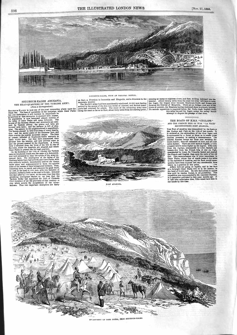 Original Old Antique Print 1855 Souchoum-Kaleh Abkhasia Fort Anaklea Omer Pacha