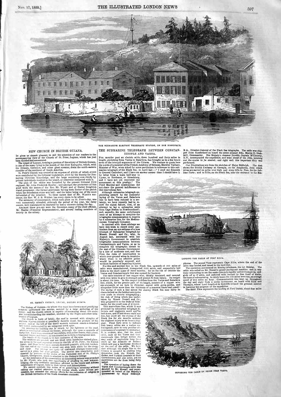 Old Antique Print 1855 Submarine Telegraph Station Bosphorus Varna Guiana 19th