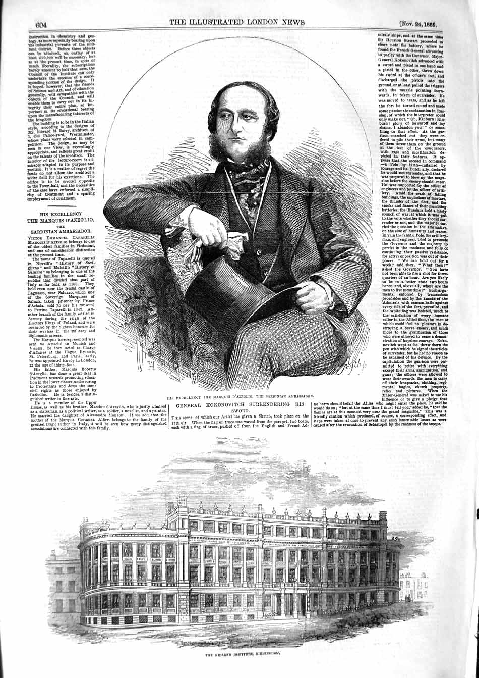 Original Old Antique Print 1855 Marquis D'Azeglio Sardinia Midland Birmigham