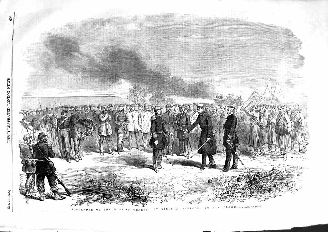 Original Old Antique Print 1855 Surrender Russian General Kinburn Siers War